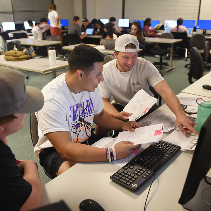 Accounting students looking at computer