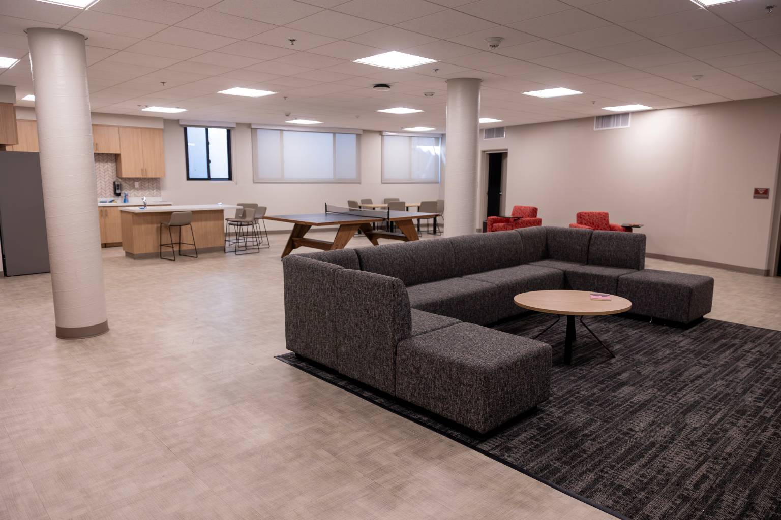 a room with a couch and table