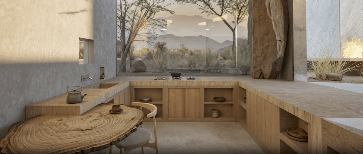 a kitchen with a table and chairs