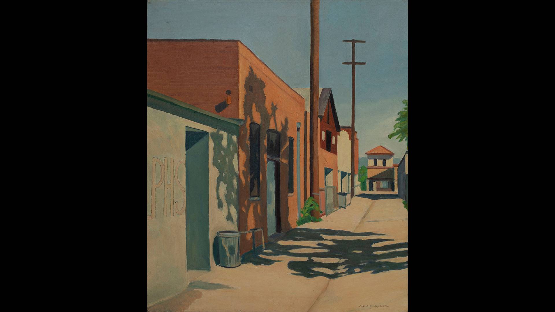a painting of a street with buildings and a telephone pole