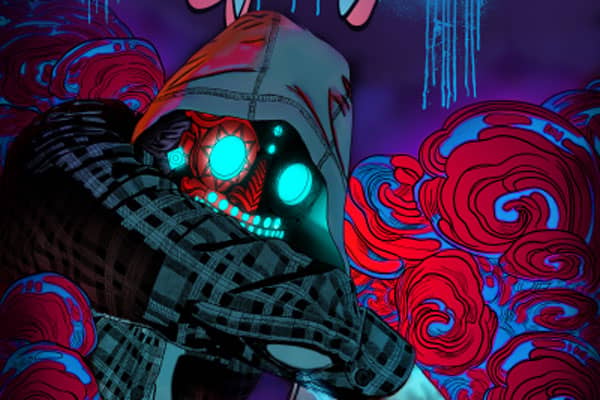 a person in a hoodie with glowing eyes