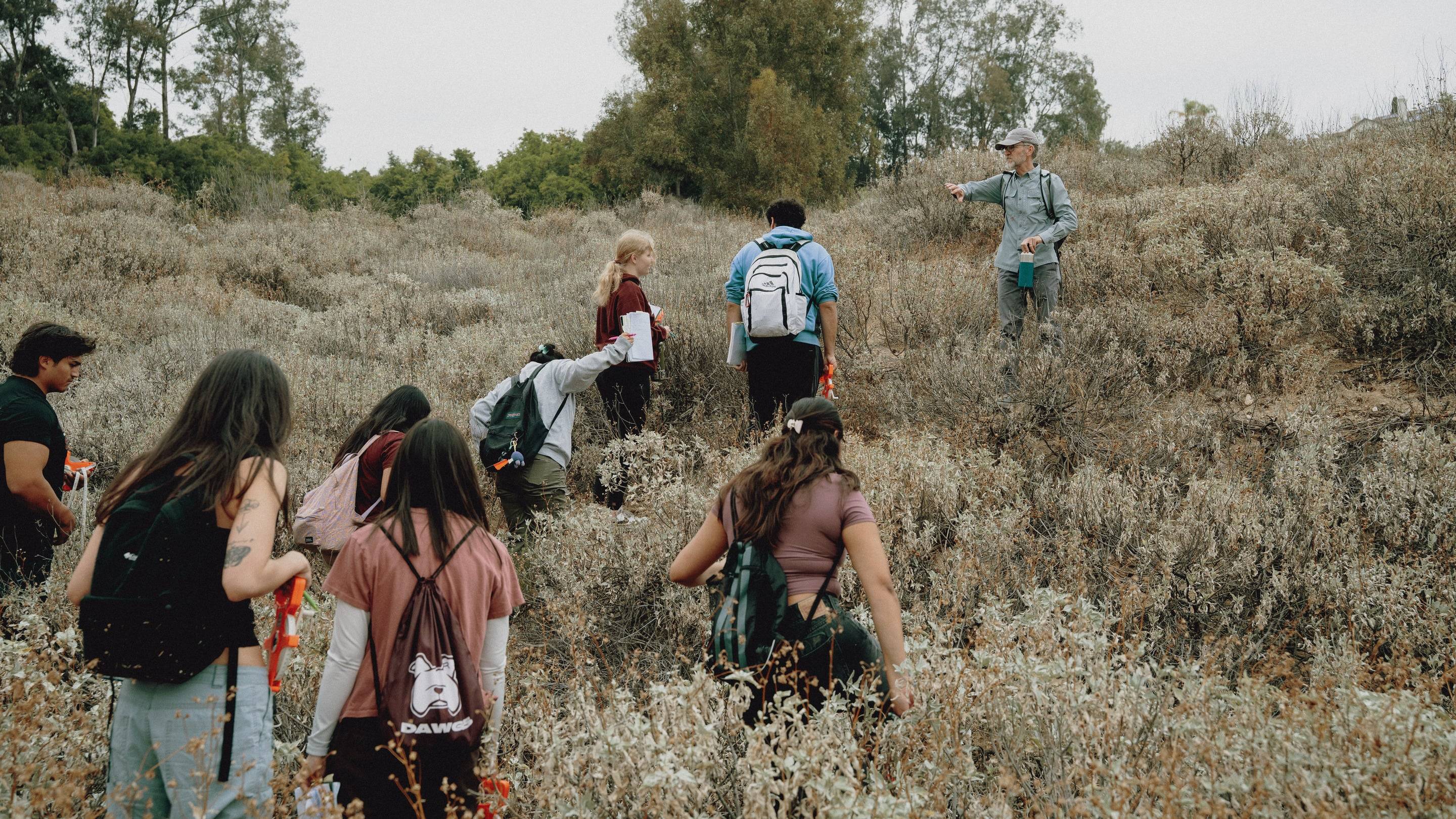 a group of people walking through a field