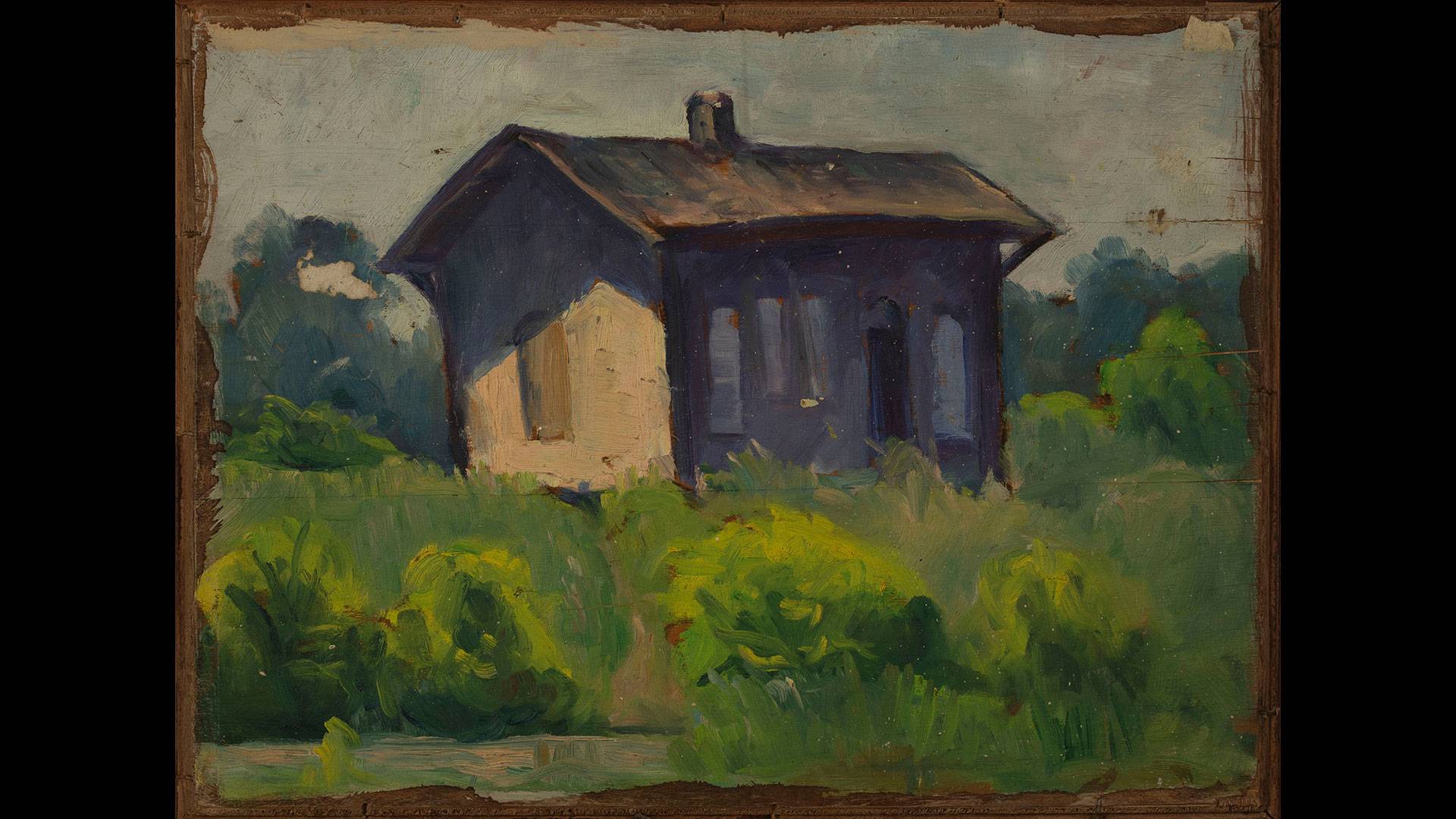 a painting of a house in a field