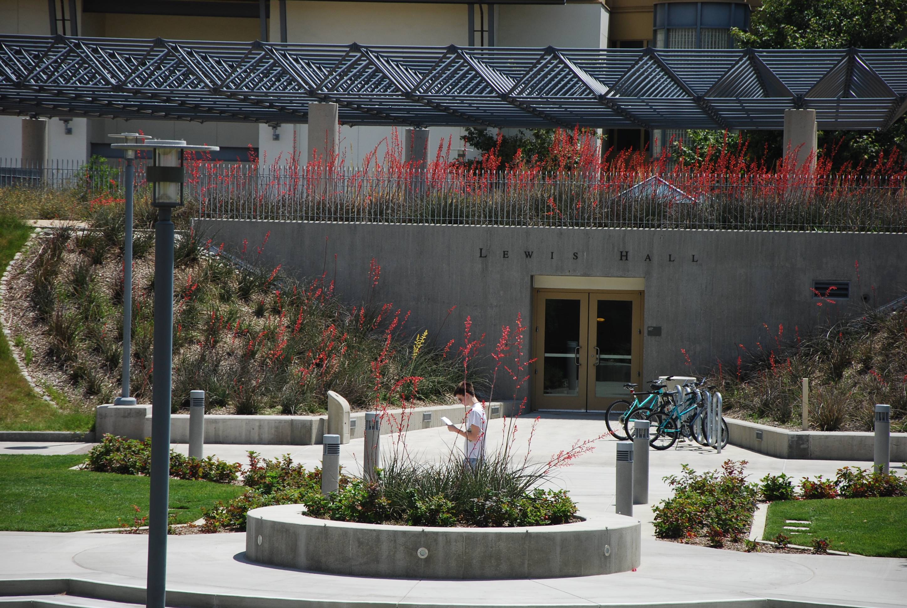 a person walking in a courtyard