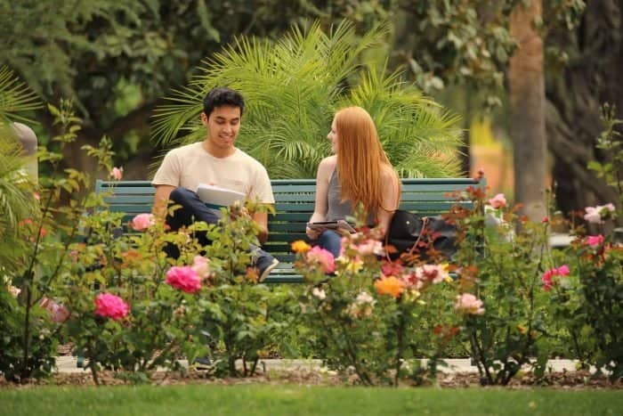 a person and person sitting on a bench