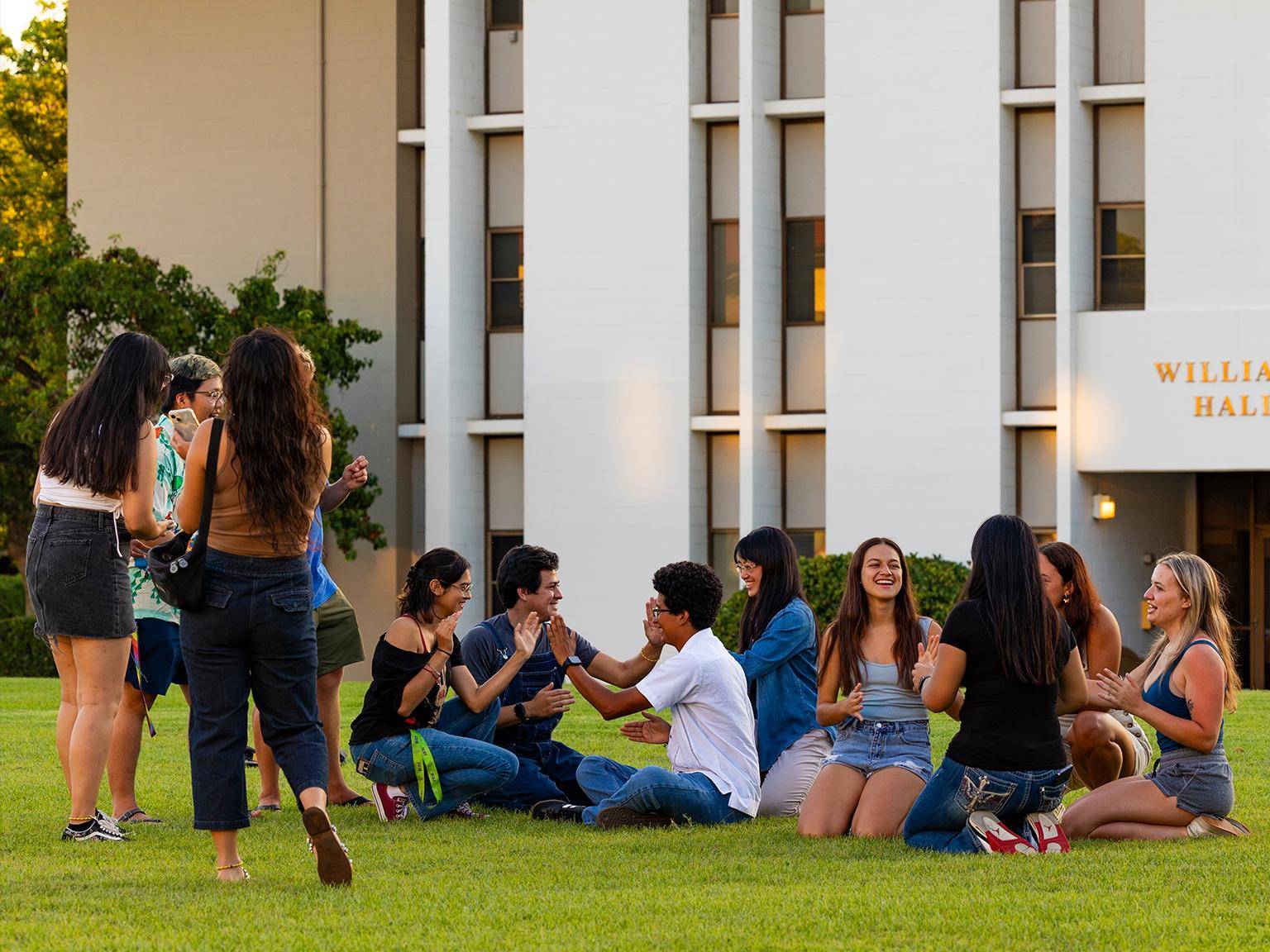 a group of people sitting on the grass