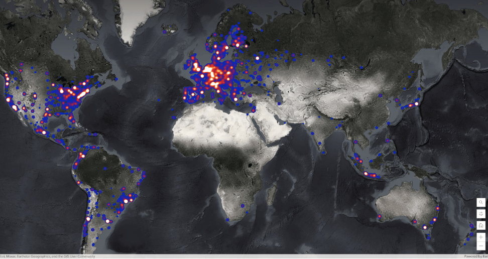a map of the world with red dots
