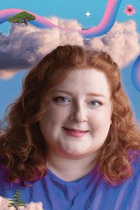 a person with red hair and blue eyes