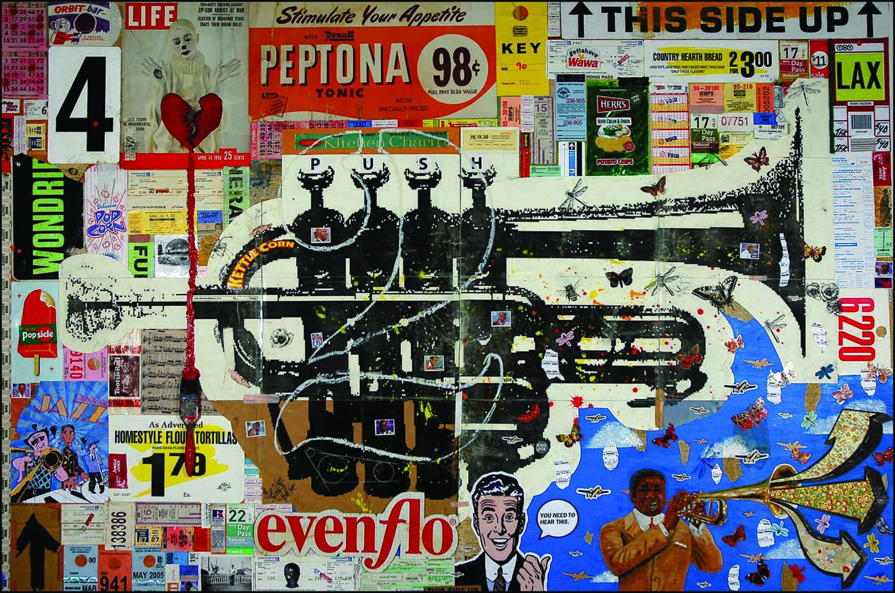 a wall with posters and a gun