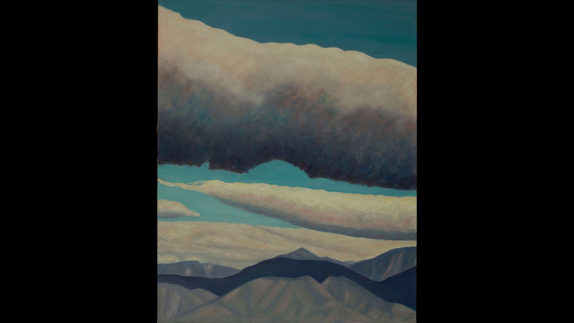a painting of mountains and clouds