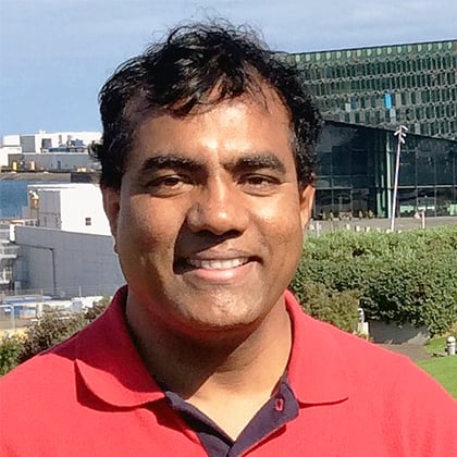 a man in a red shirt