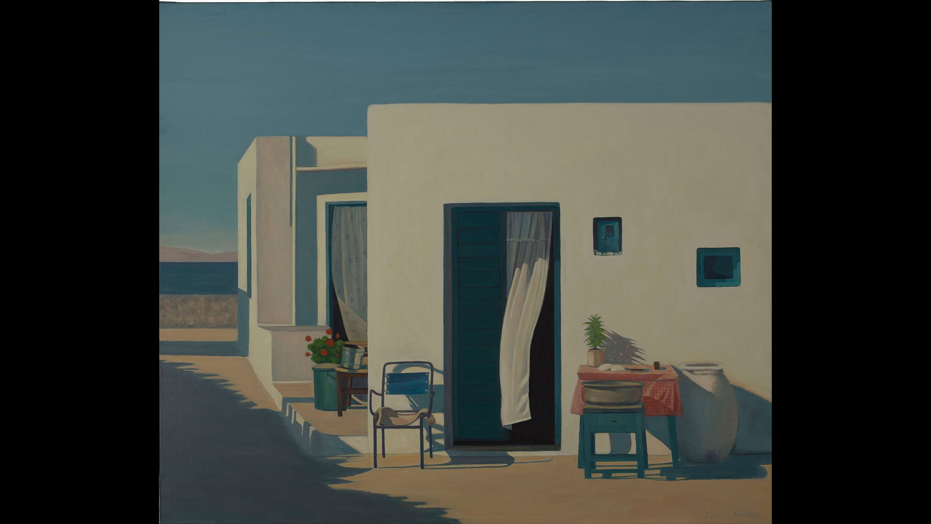 a painting of a house with a table and chairs