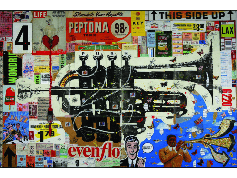 a wall with various posters and signs