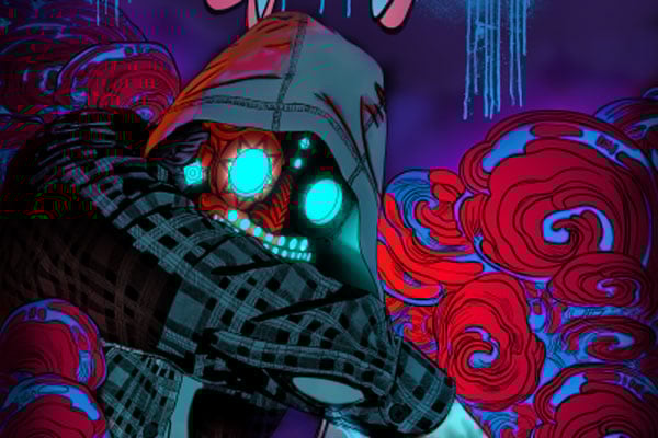 a person in a hoodie with glowing eyes