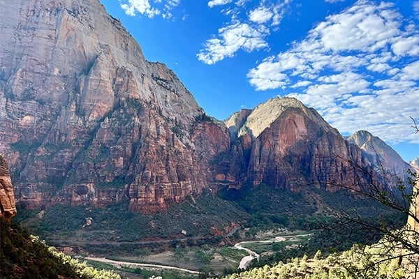 Zion National Park range with a river and trees