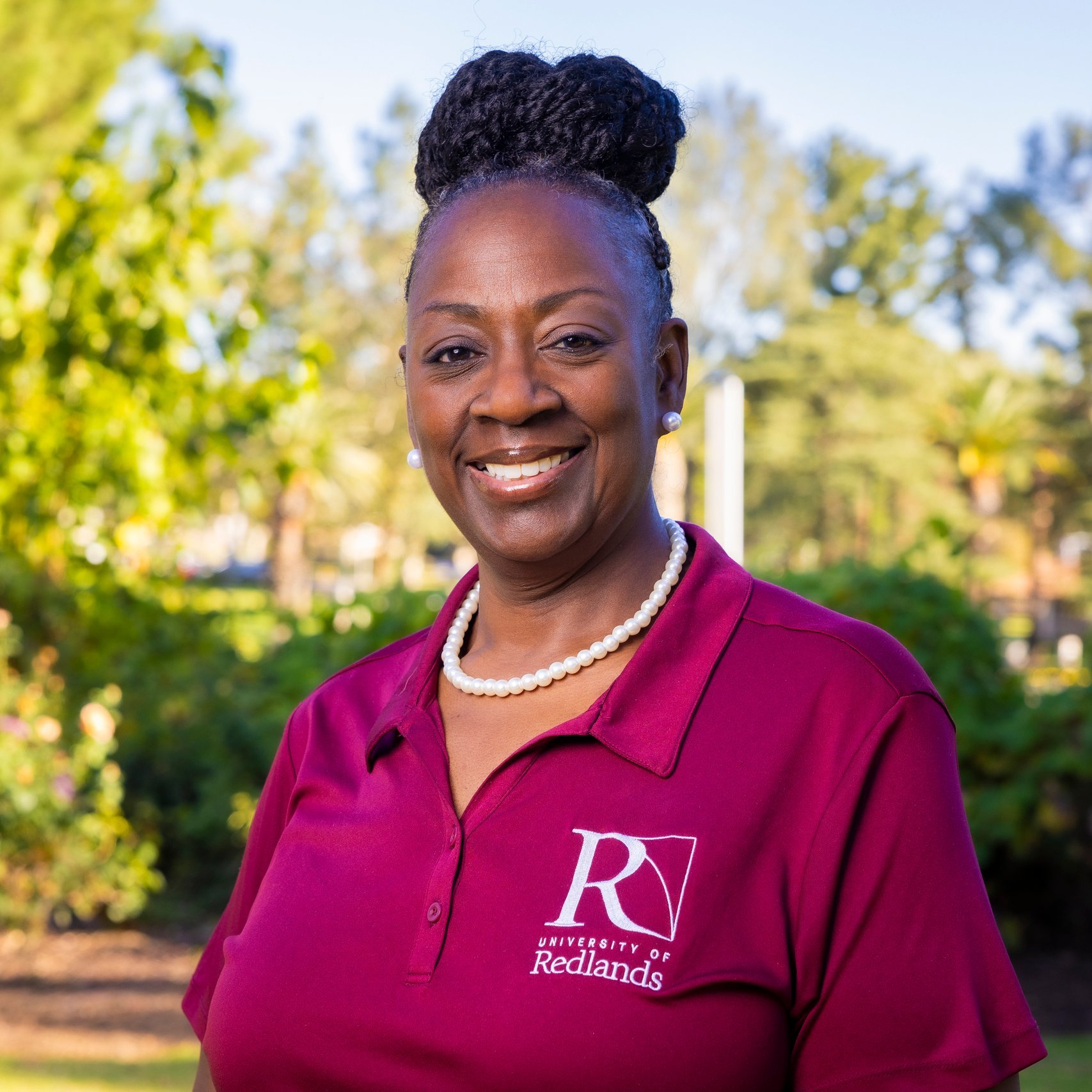 a woman in a red shirt