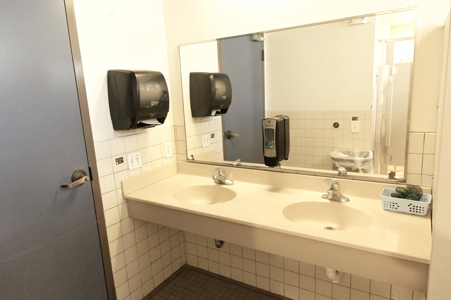 a bathroom with a mirror and two sinks