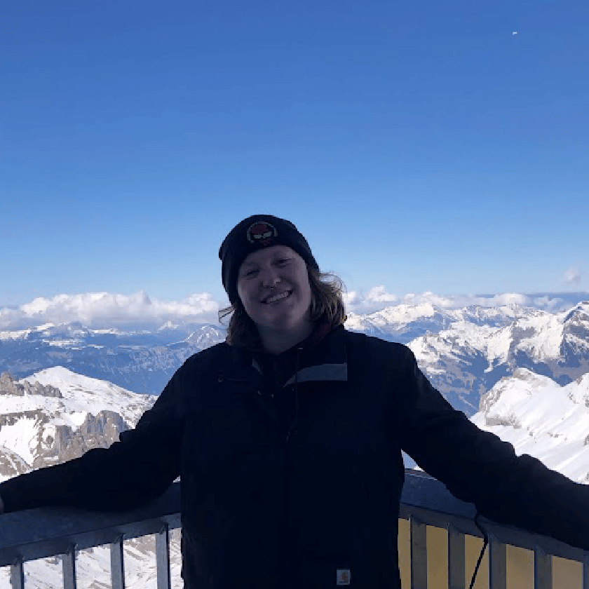 a person standing on a railing with snow covered mountains in the background