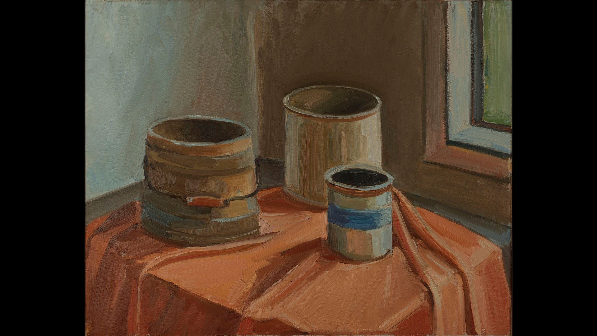 a painting of two buckets on a table