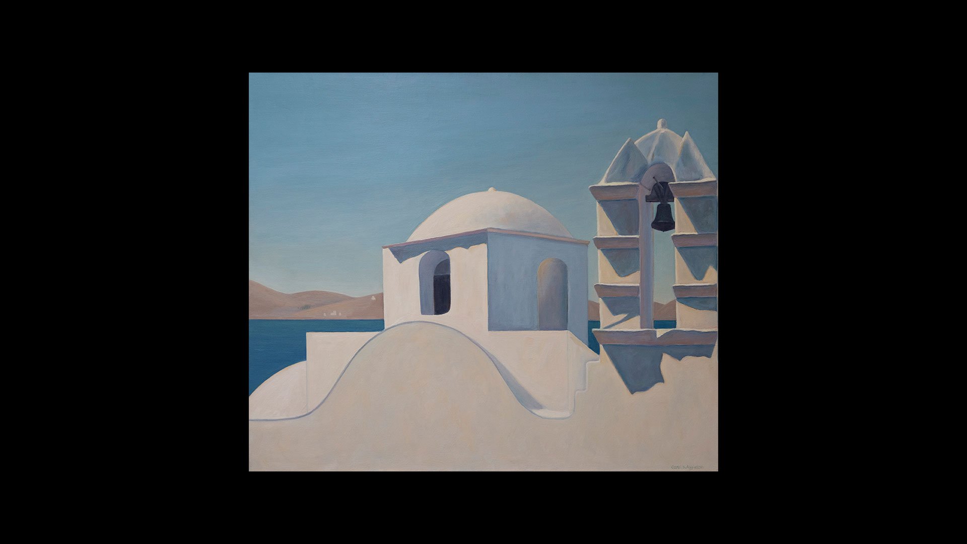 a painting of a building with a bell tower and a bell tower