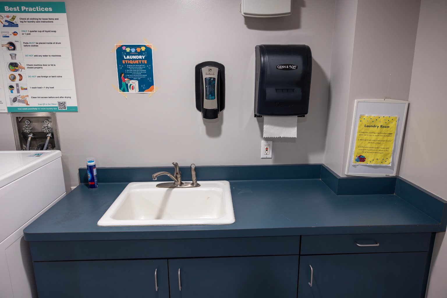 a sink and soap dispenser on a wall