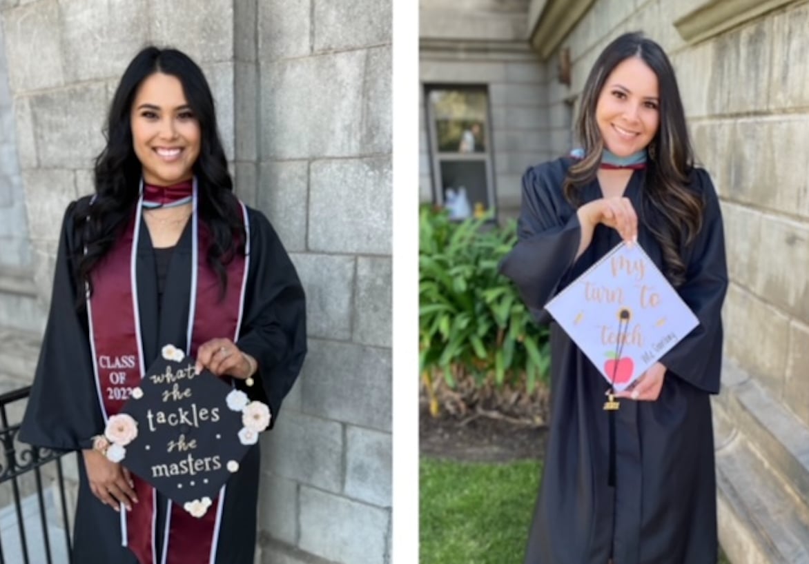 a collage of a woman holding a graduation cap