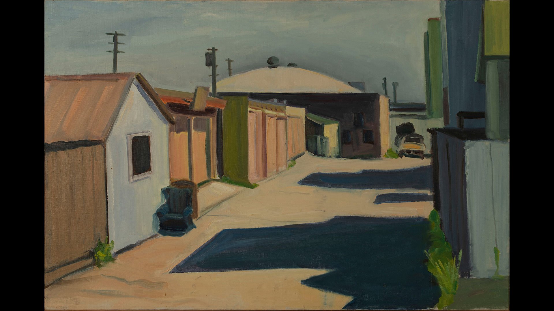 a painting of a street with buildings and a dome