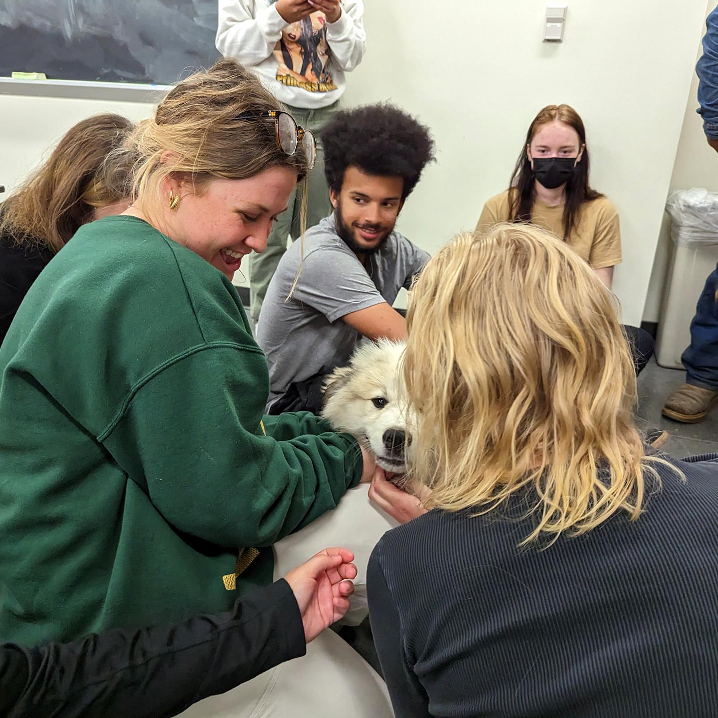 a group of people around a dog