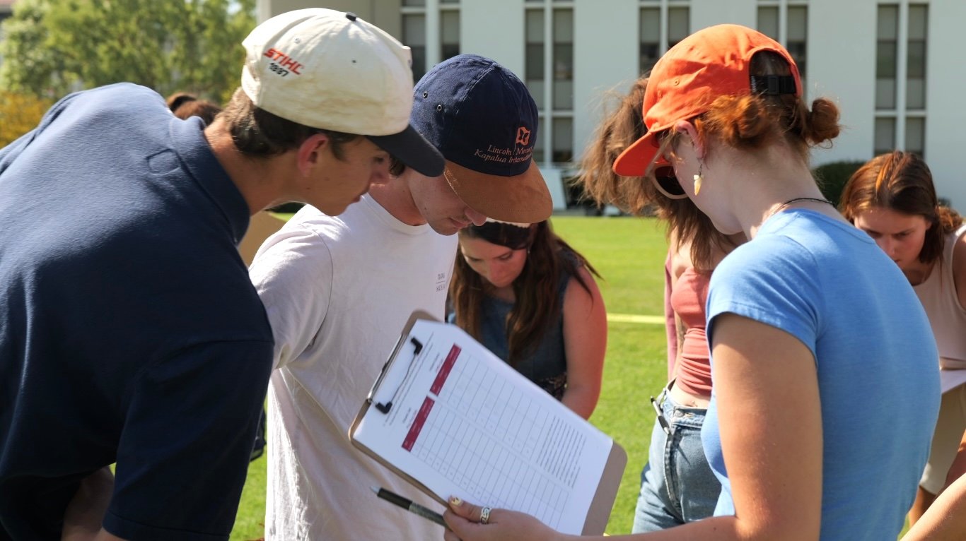 a group of people standing on grass