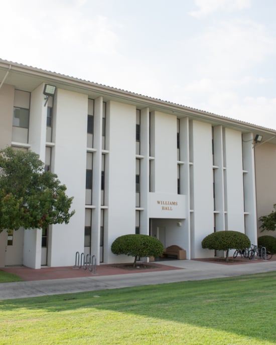a building with trees and a bike rack