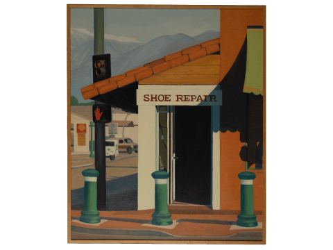 a painting of a shoe repair shop