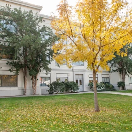 a building with trees in front of it