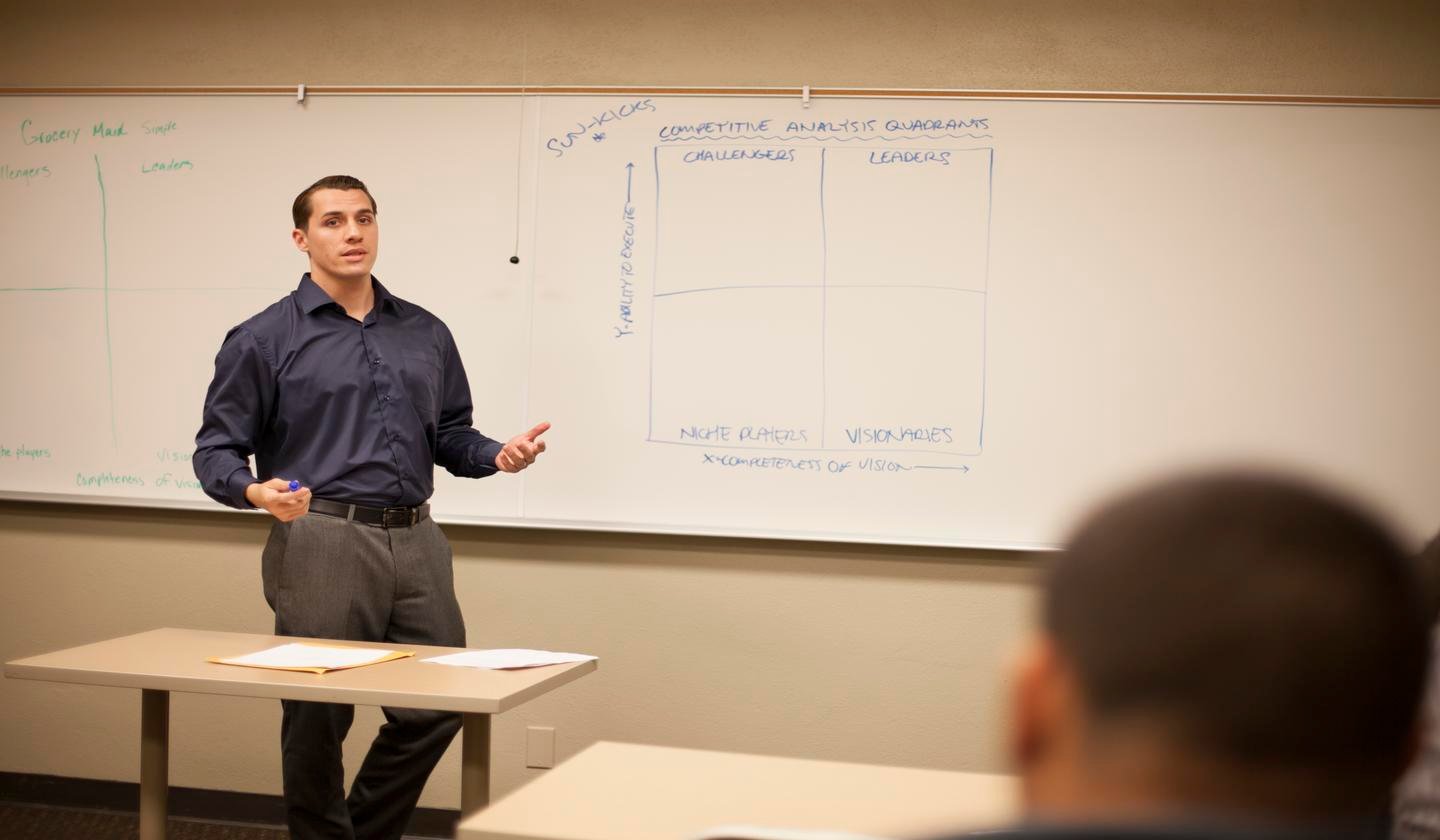 a man standing in front of a whiteboard
