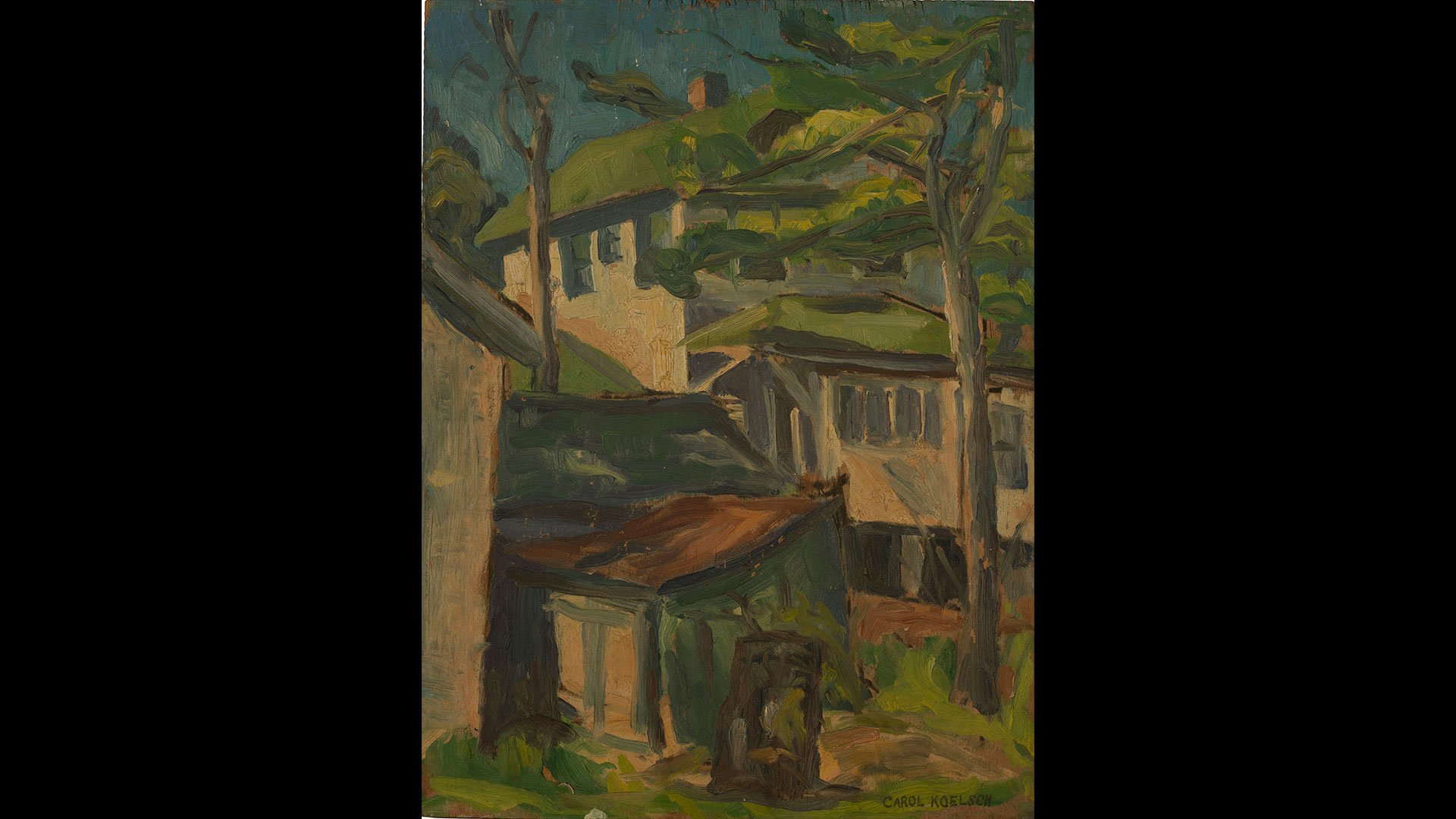 a painting of a house and trees