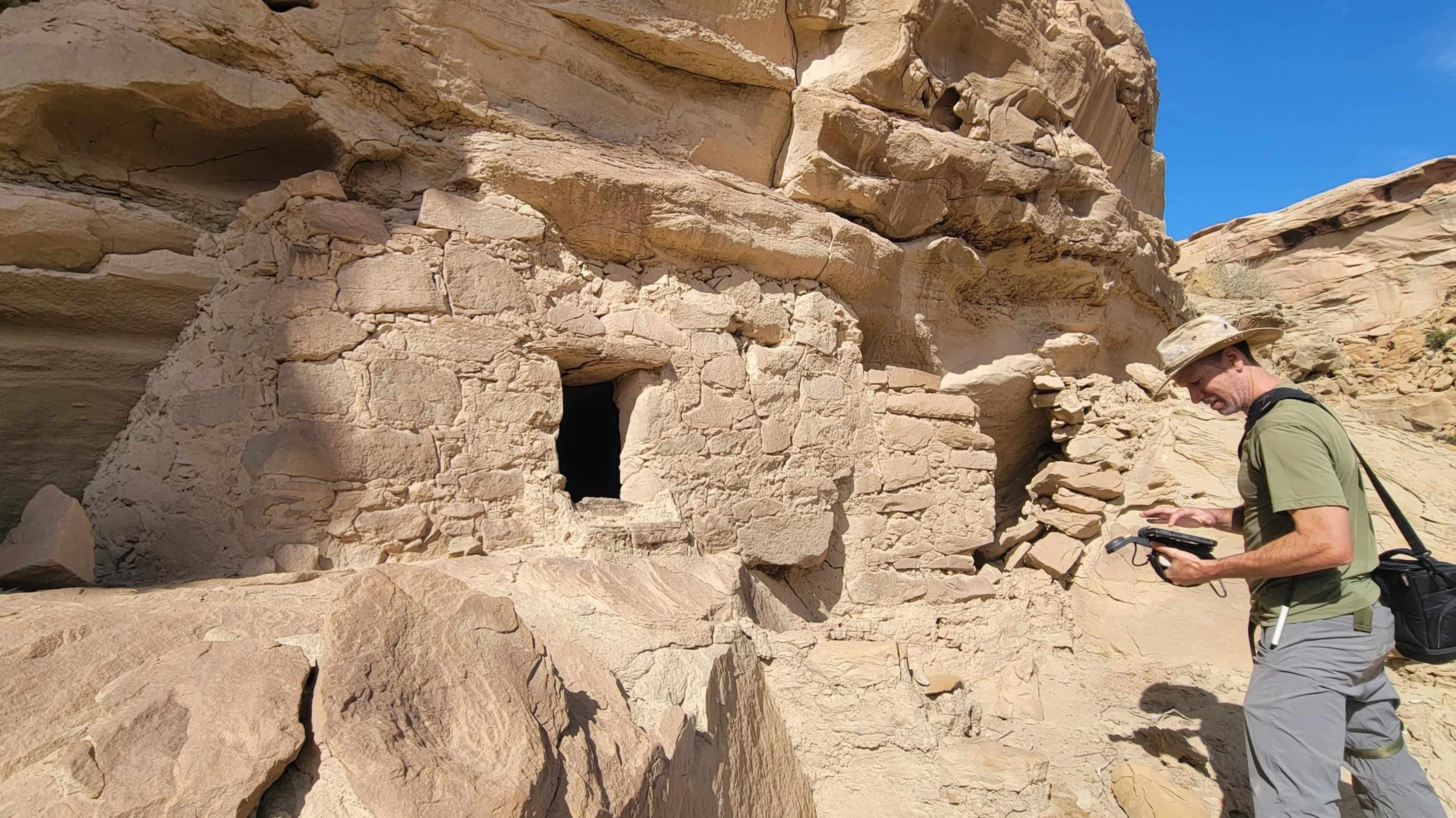 a stone wall with windows