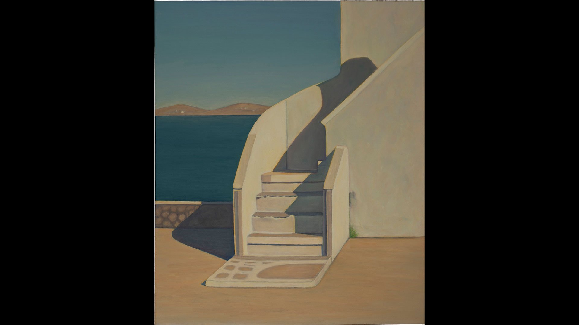 a painting of a staircase next to a building