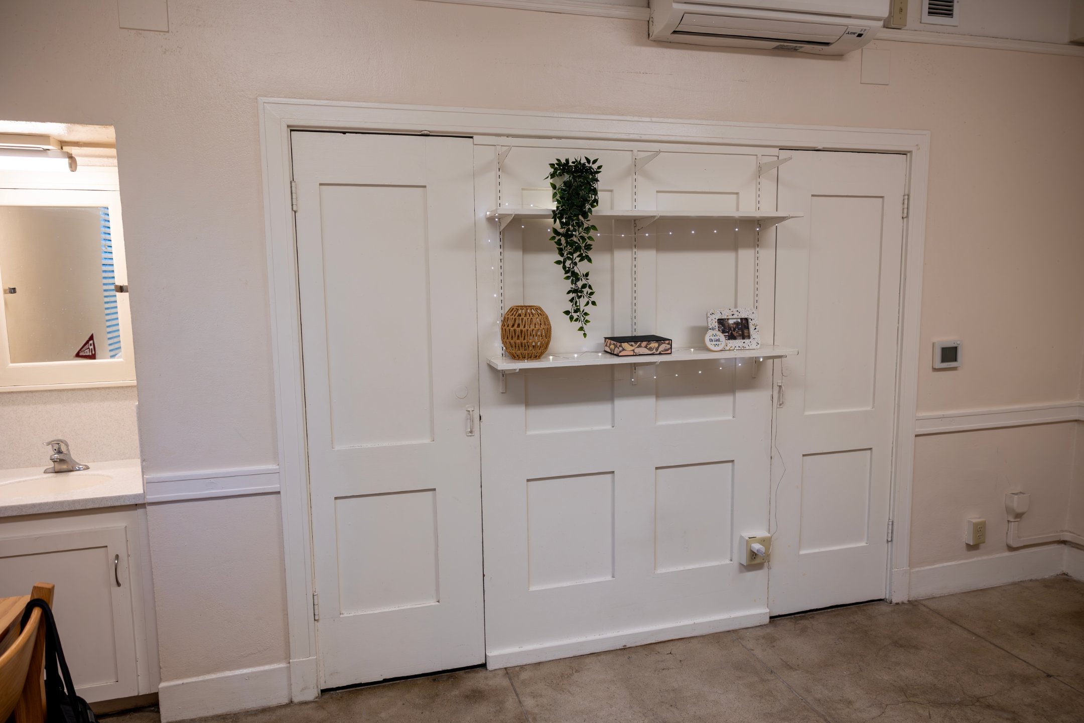 a white shelf with a plant on it