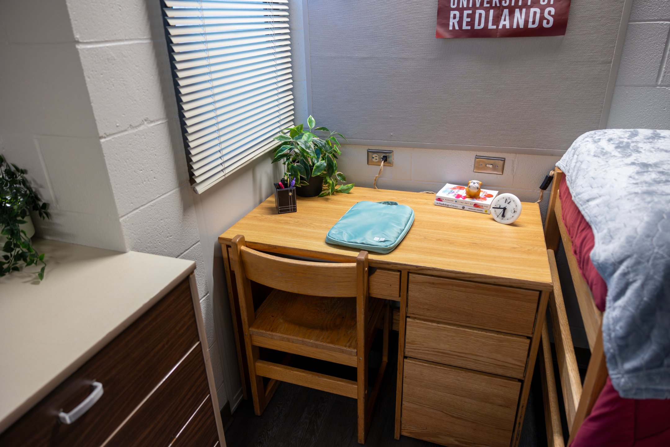 a desk with a chair and a plant