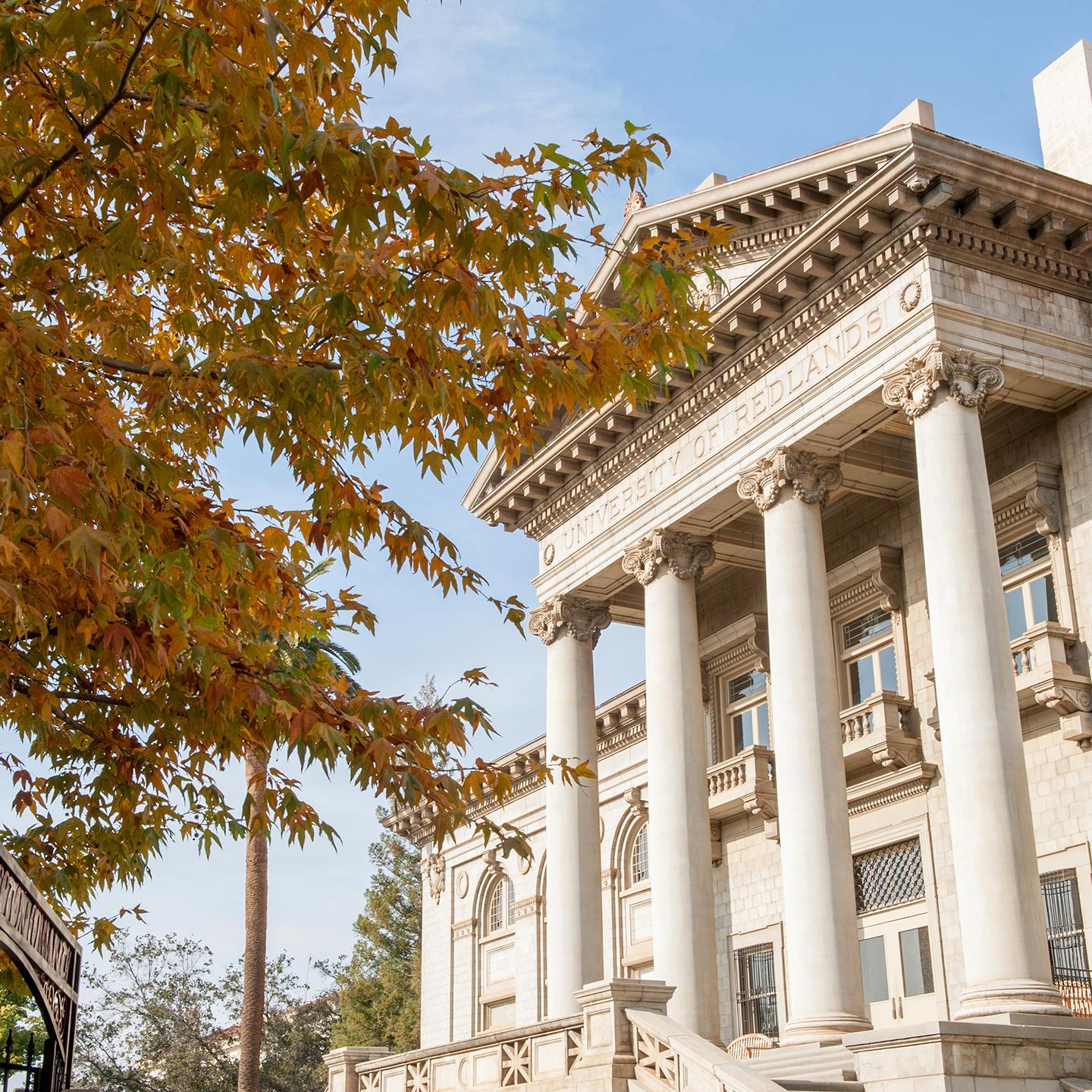 Media card - University of Redlands administration building in fall season