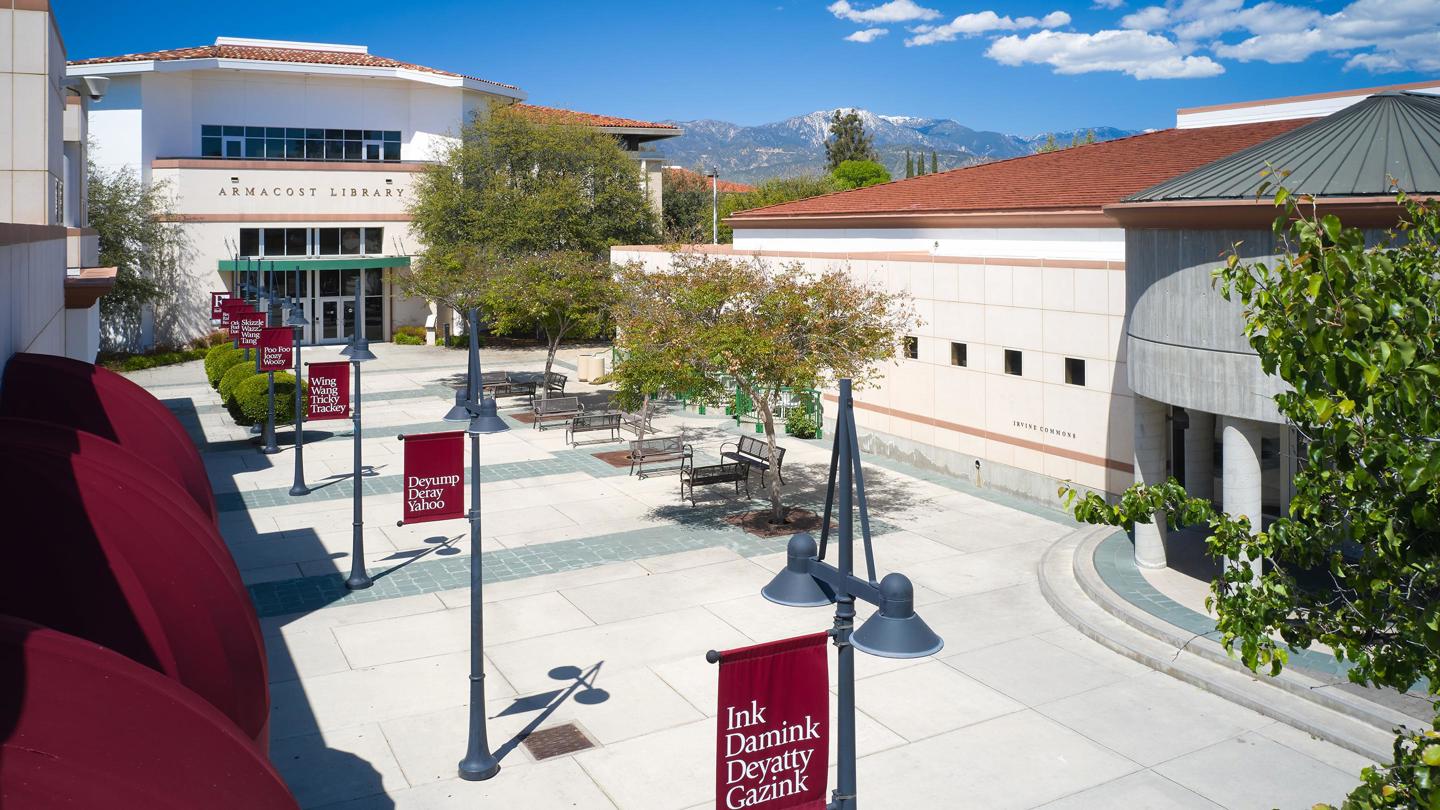 Media masthead - View of Library in Hunsaker Plaza