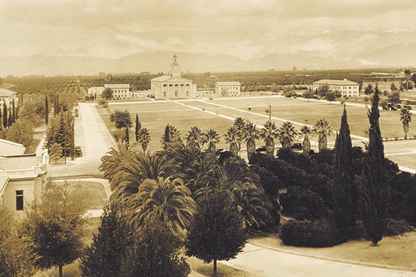 The University quad with a classical style chapel in the background