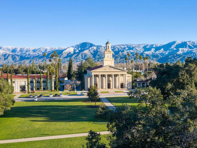 Horizontal tab card - Memorial chapel view of Redlands main campus