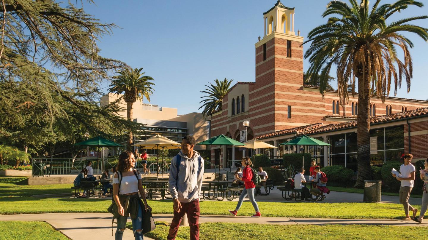 Students walking at Woodbury Campus in Burbank.