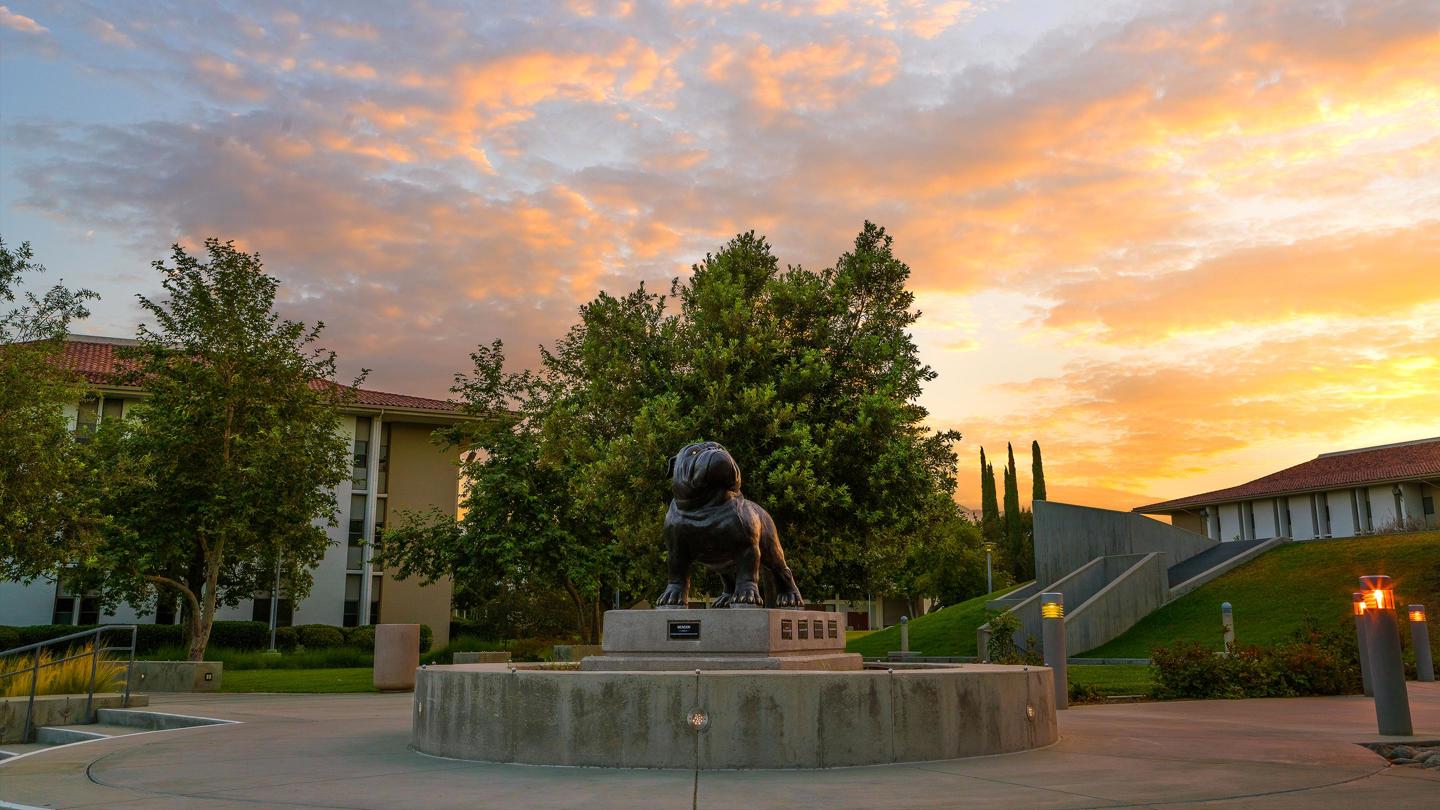 Media masthead - Bulldog statue on Redlands campus