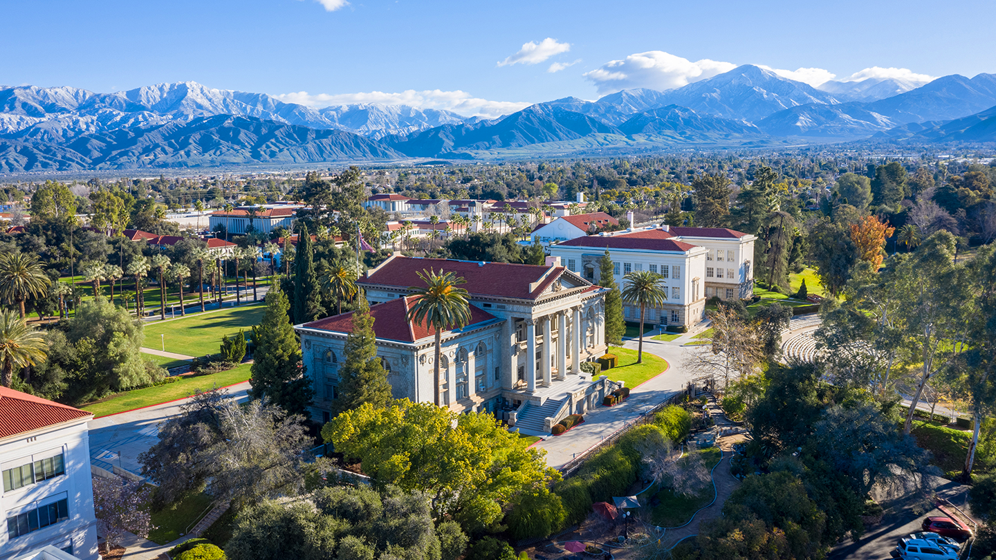 Aerial view of the University of Redlands and the Administration building on the bottom right.