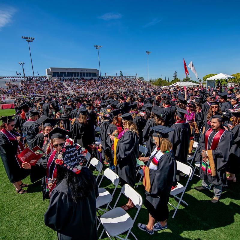 Mutiple media - Commencement ceremony and students at Ted Runner Stadium