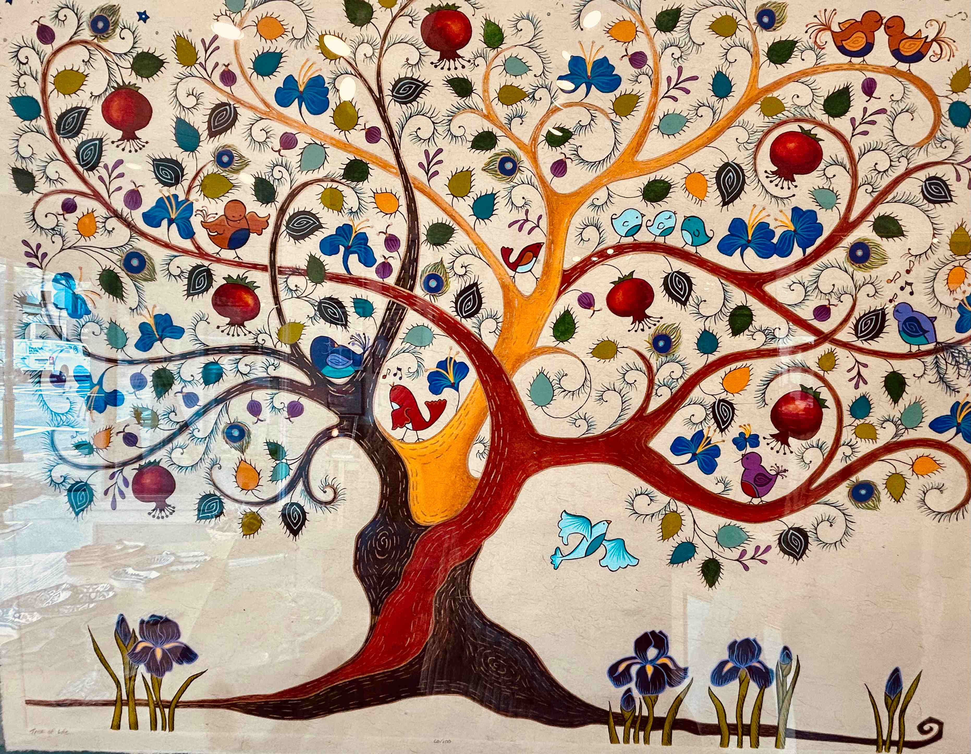 a painting of a tree with flowers and butterflies