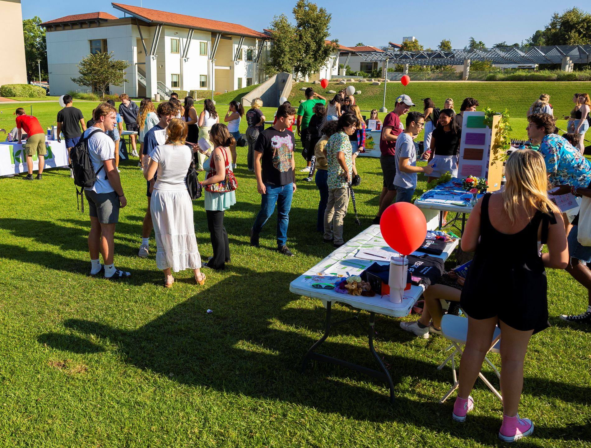 Students gather and browse club tables set up on a campus lawn during an involvement fair.